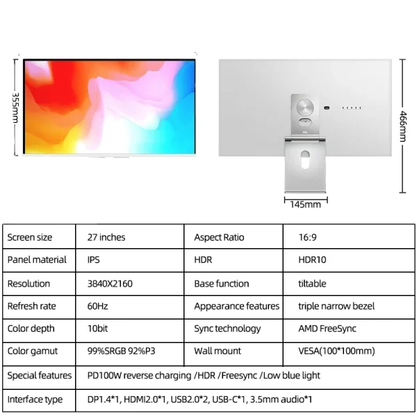 Kuycon 4k 65hz Curved Monitor 27 Inch Led TV Display Panel LCD Monitors Ultra HD Gaming Display P27L Monitor - Image 2
