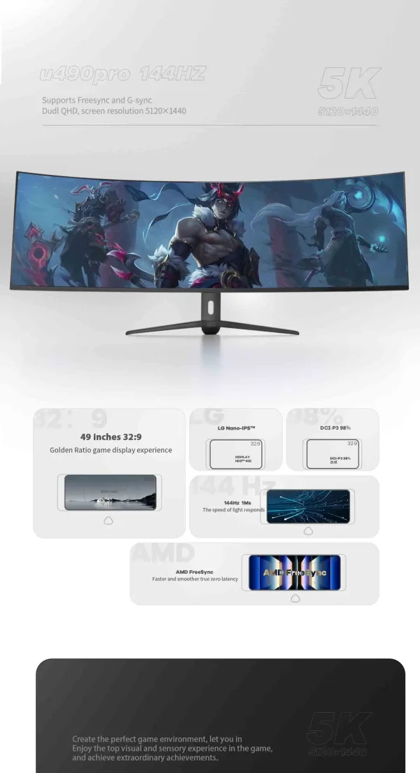 49-Inch Ultrawide Curved LCD Monitor 5K 144Hz Interface Type DP Ultimate Computer Display for Gaming PC Desktop 3800R SCREEN - Image 8