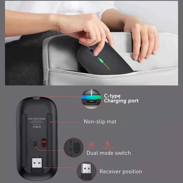 Wireless Mouse Bluetooth and 2.4GHz Dual Modes Rechargeable RGB Ergonomic Silent Click for PC iPad Laptop Cell Phone TV - Image 6