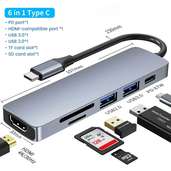 USB C Hub Type C 3.0 Adapter to 4K HDMI SD TF Card PD Fast Charge Splitter Docking Station Hub for Phone MacBook Computer - Image 10