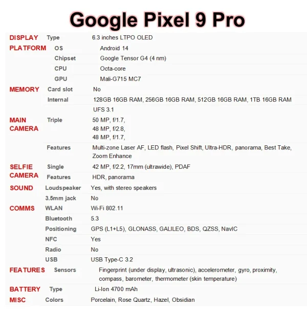 Google Pixel 9 Pro 9Pro 16GB RAM 128GB 256GB ROM 6.3" OLED NFC Octa Core Google Tensor G4 Unlocked 5G Original Mobile Phone - Image 13