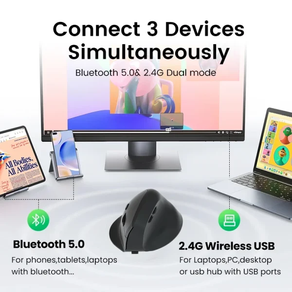 Vertical Mouse Wireless Bluetooth5.0 2.4G Ergonomic Mice 1600DPI 6D Mute Buttons for MacBook Tablet Laptop Computer Accessories - Image 2
