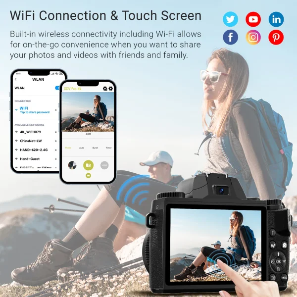 4K 64MP Digital Camera for Photography WiFi Vlogging with Flash Lens Hood Front and Rear 4 Inch Touch Screen Camera - Image 3