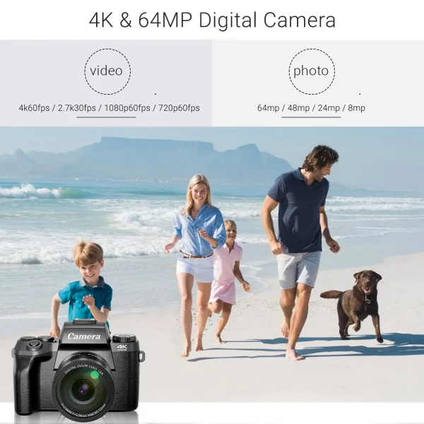 4K 64MP Digital Camera for Photography WiFi Vlogging with Flash Lens Hood Front and Rear 4 Inch Touch Screen Camera - Image 2