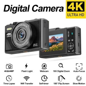 4K 64MP Digital Camera for Photography 3 Inch IPS Flip Screen 18X Digital Zoom Video Vlogging Camcorder YouTube Webcam Cameras