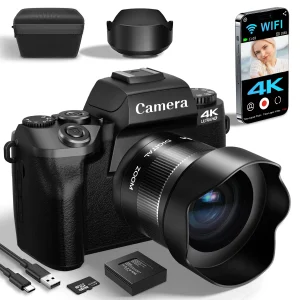 4K 64MP Digital Camera for Photography WiFi Vlogging with Flash Lens Hood Front and Rear 4 Inch Touch Screen Camera