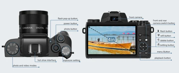 4K 64MP Digital Camera for Photography WiFi Vlogging with Flash Lens Hood Front and Rear 4 Inch Touch Screen Camera - Image 18