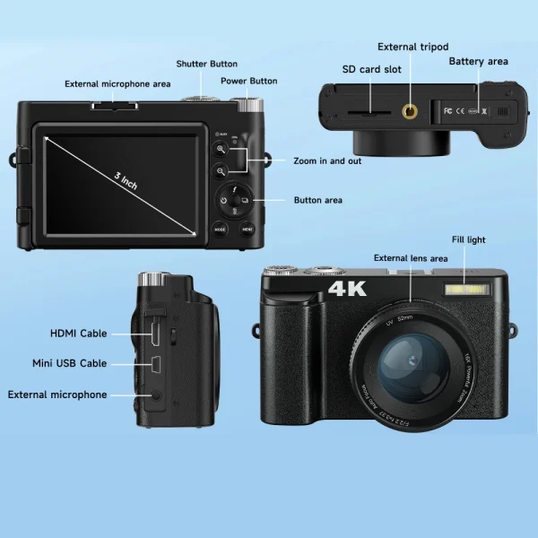 4K Digital Camera for Photography and Video Autofocus Anti-Shake 48MP Compact Vlogging Camera 3'' 180° Flip Screen with Flash - Image 11