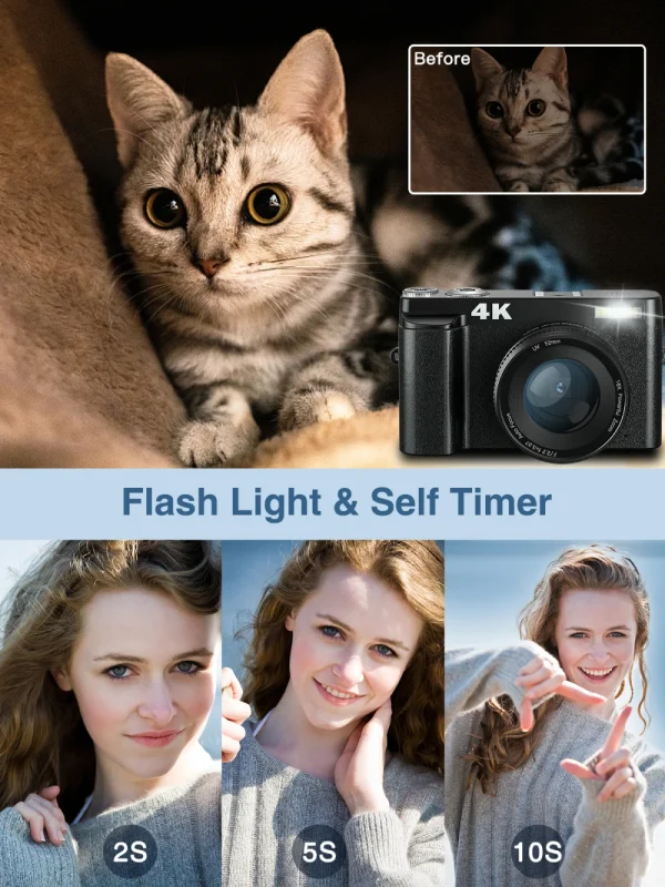 4K Digital Camera for Photography and Video Autofocus Anti-Shake 48MP Compact Vlogging Camera 3'' 180° Flip Screen with Flash - Image 4