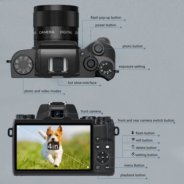 4K 64MP Digital Camera for Photography WiFi Vlogging with Flash Lens Hood Front and Rear 4 Inch Touch Screen Camera - Image 5
